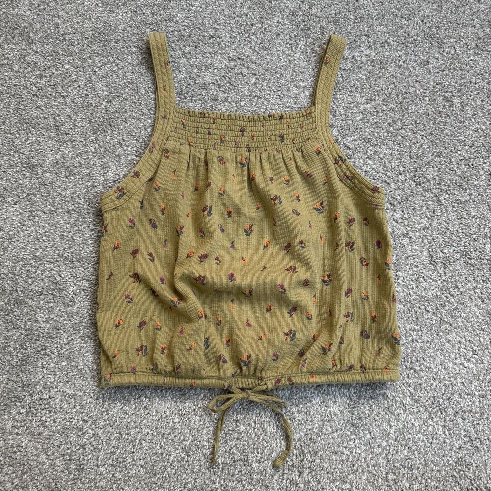 PrAna Tank Top Womens Small Green Floral Smocked Crop Yoga Athleisure Hippie